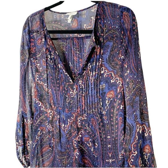 Joie Vendrea 100% Silk Blue Paisley Pleated Tie V Neck Peasant Blouse Boho Small - Picture 8 of 12